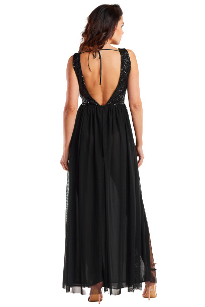 Sukienka elegancka maxi na ramiączkach odkryte plecy cekiny czarna